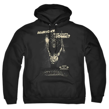Black pullover hoodie with Army of Darkness Want Some graphic