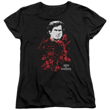 Black women's t-shirt with Army of Darkness Pile Of Baddies graphic