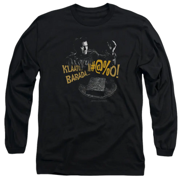 Black men's long sleeve t-shirt with Army of Darkness Klaatu...barada graphic