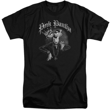 Black men's tall fit t-shirt with Pink Panther Pink Pantha graphic