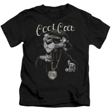 Black kid's t-shirt for ages 4 to 7 with Pink Panther Cool Cat graphic