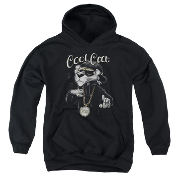 Black youth hoodie for ages 8 to 12 with Pink Panther Cool Cat graphic