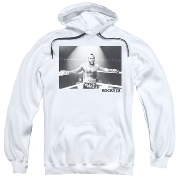 White pullover hoodie with Rocky Clubber Square graphic