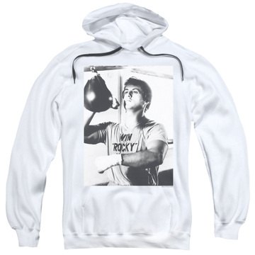 White pullover hoodie with Rocky Square graphic