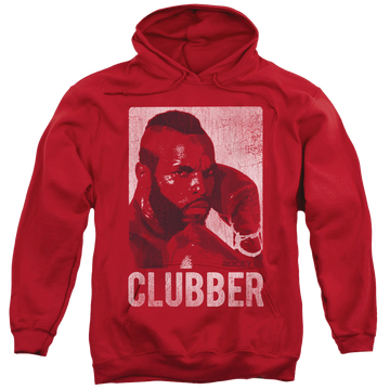 Red pullover hoodie with Rocky Clubber Lang graphic