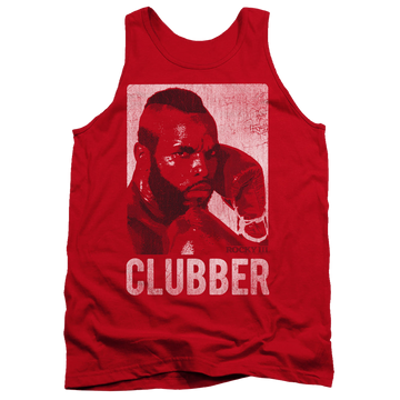 Red men's tank with Rocky Clubber Lang graphic