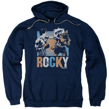 Navy pullover hoodie with Rocky Pow graphic