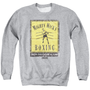 Athletic heather men's crewneck sweatshirt with Creed Micks Poster graphic