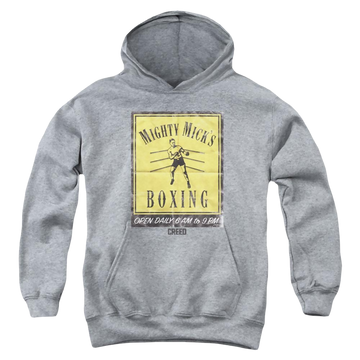 Athletic heather youth hoodie for ages 8 to 12 with Creed Micks Poster graphic
