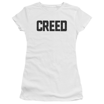 White juniors t-shirt with Creed Cracked Logo graphic