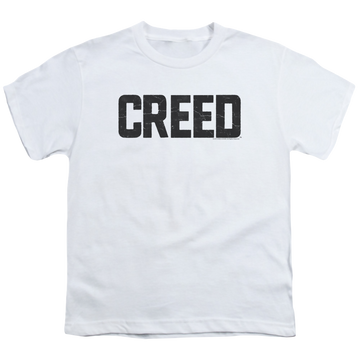 White youth t-shirt for ages 8 to 12 with Creed Cracked Logo graphic