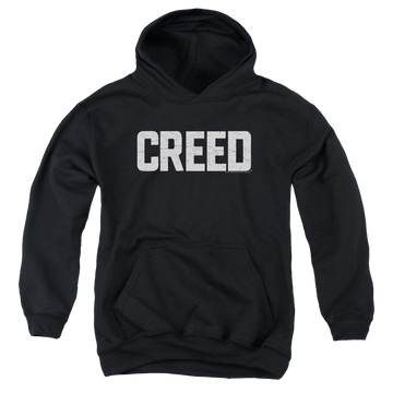 Black youth hoodie for ages 8 to 12 with Creed Cracked Logo graphic