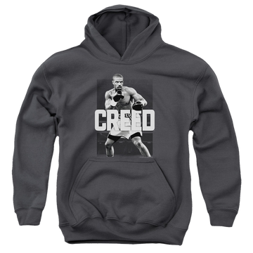 Charcoal youth hoodie for ages 8 to 12 with Creed Final Round graphic
