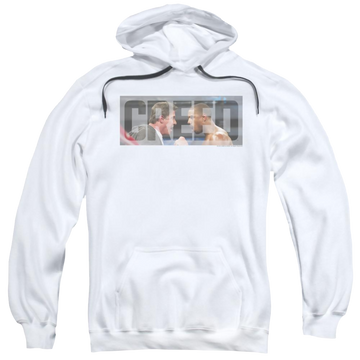 White pullover hoodie with Creed Pep Talk graphic