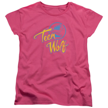 Hot pink women's t-shirt with Teen Wolf Cmy Logo graphic