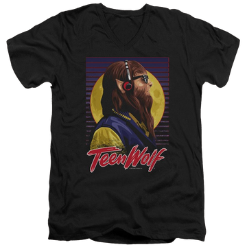 Black men's v-neck t-shirt with Teen Wolf Headphone Wolf graphic