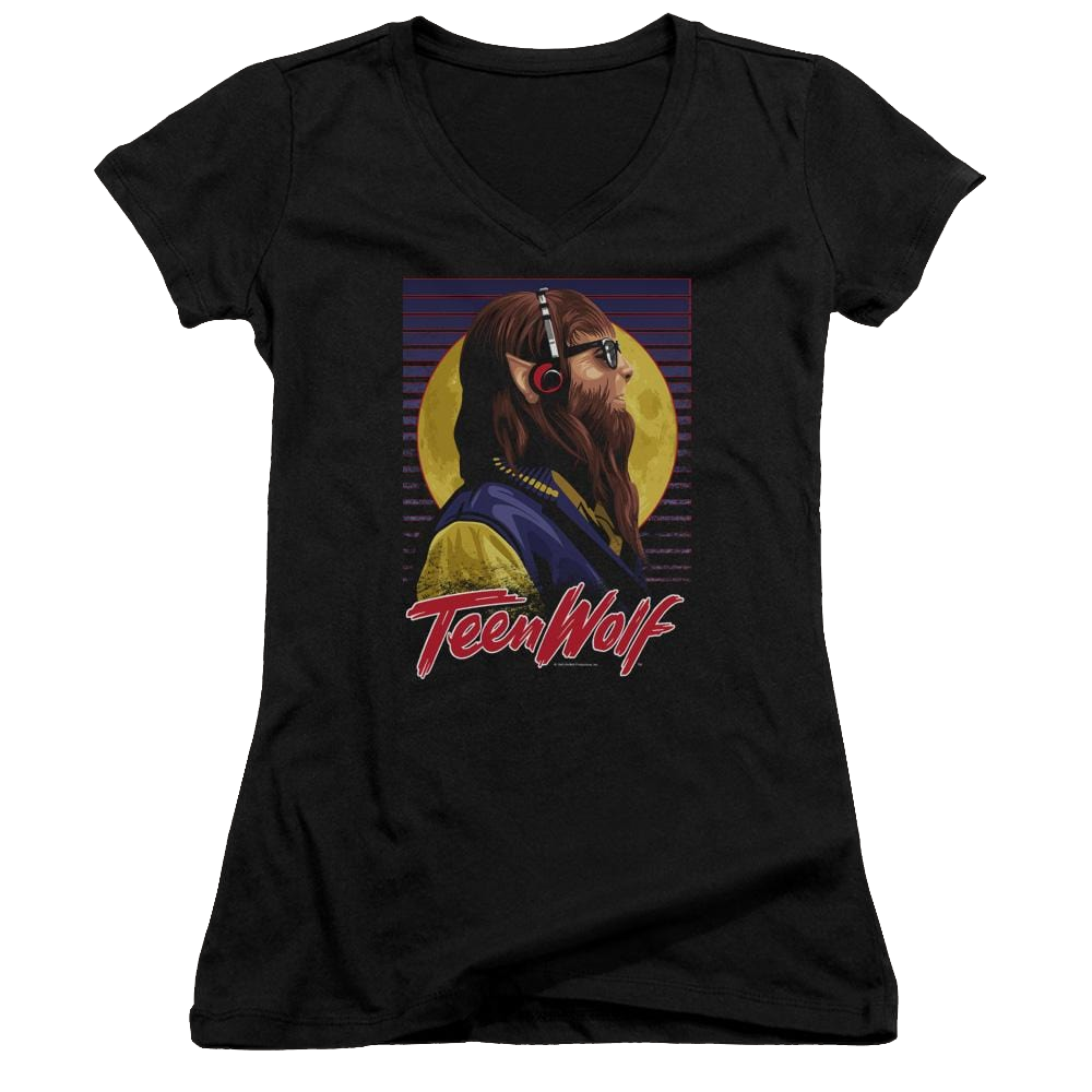 Teen Wolf Headphone Wolf Juniors V-Neck T-Shirt Juniors V-Neck T-Shirt Teen Wolf