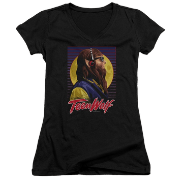 Black juniors v-neck t-shirt with Teen Wolf Headphone Wolf graphic