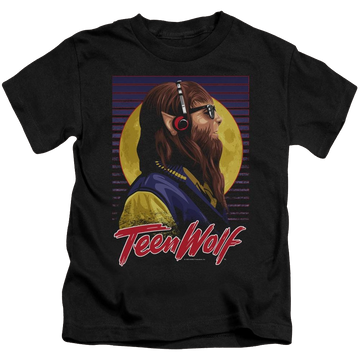 Black kid's t-shirt for ages 4 to 7 with Teen Wolf Headphone Wolf graphic