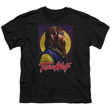 Black youth t-shirt for ages 8 to 12 with Teen Wolf Headphone Wolf graphic