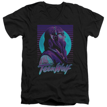 Black men's v-neck t-shirt with Teen Wolf Headphone Wolf graphic