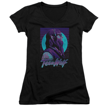 Black juniors v-neck t-shirt with Teen Wolf Headphone Wolf graphic