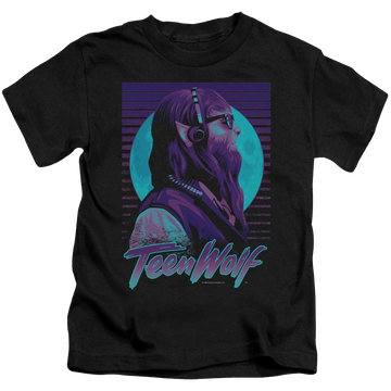 Black kid's t-shirt for ages 4 to 7 with Teen Wolf Headphone Wolf graphic