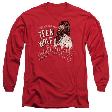 Red men's long sleeve t-shirt with Teen Wolf Animal graphic