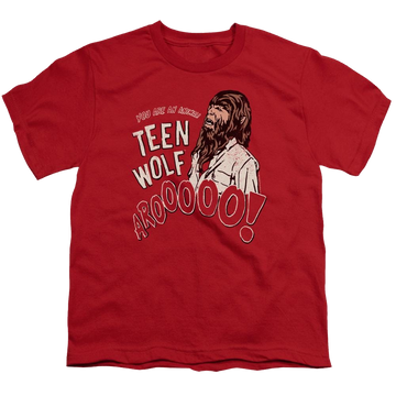 Red youth t-shirt for ages 8 to 12 with Teen Wolf Animal graphic