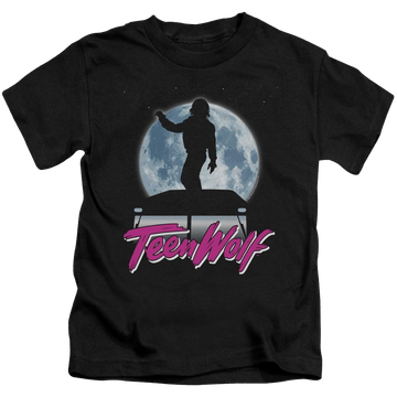 Black kid's t-shirt for ages 4 to 7 with Teen Wolf Moonlight Surf graphic