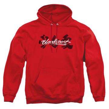 Red pullover hoodie with Bloodsport Kanji graphic