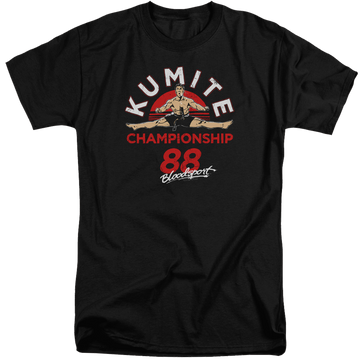 Black men's tall fit t-shirt with Bloodsport Championship 88 graphic