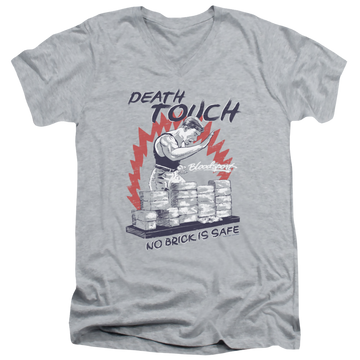 Athletic heather men's v-neck t-shirt with Bloodsport Death Touch graphic