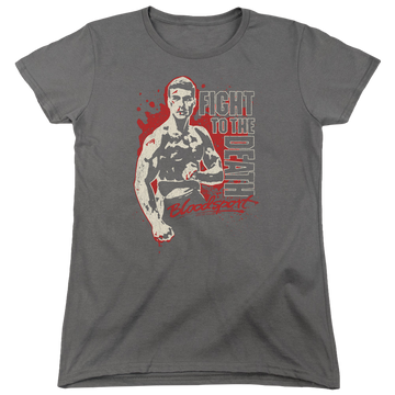 Charcoal women's t-shirt with Bloodsport To The Death graphic