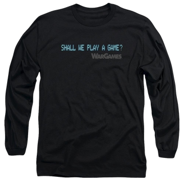 Black men's long sleeve t-shirt with Wargames Shall We graphic