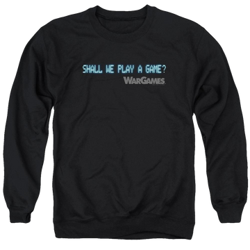 Black men's crewneck sweatshirt with Wargames Shall We graphic
