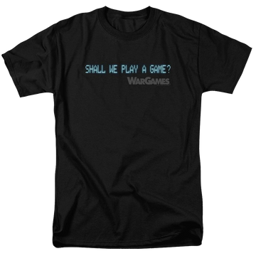 Black men's regular fit t-shirt with Wargames Shall We graphic