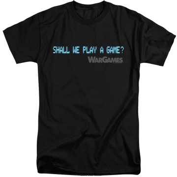 Black men's tall fit t-shirt with Wargames Shall We graphic