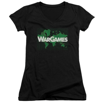 Black juniors v-neck t-shirt with Wargames Game Board graphic