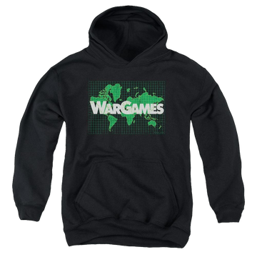 Black youth hoodie for ages 8 to 12 with Wargames Game Board graphic
