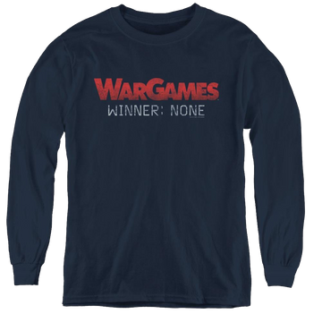 Navy youth long sleeve t-shirt with Wargames No Winners graphic