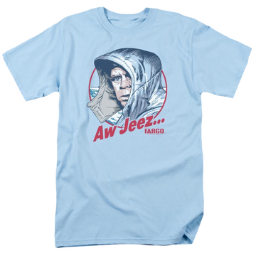 Light blue men's regular fit t-shirt with Fargo Aw Jeez graphic