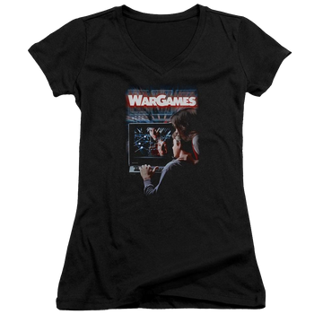 Black juniors v-neck t-shirt with Wargames Poster graphic