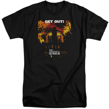 Black men's tall fit t-shirt with Amityville Horror Get Out graphic