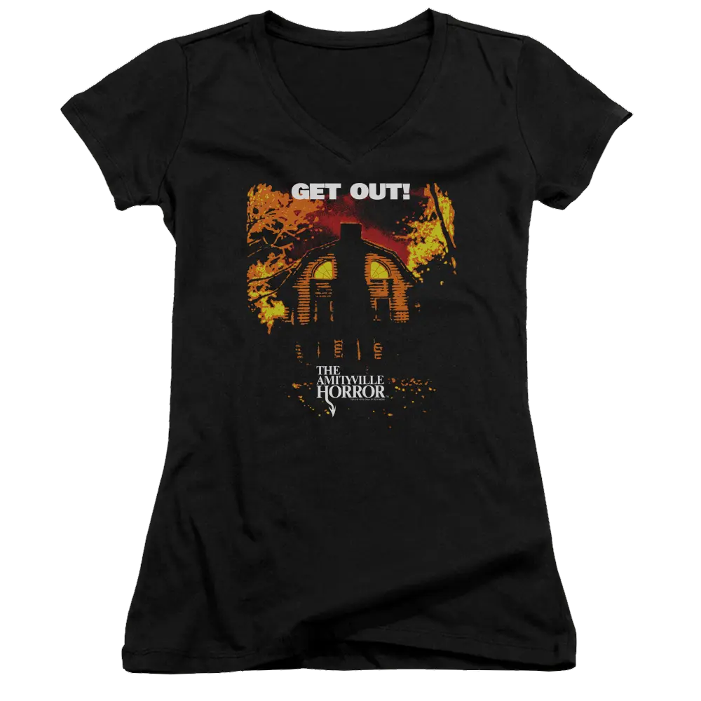 Amityville Horror Get Out - Juniors V-Neck T-Shirt Amityville Horror