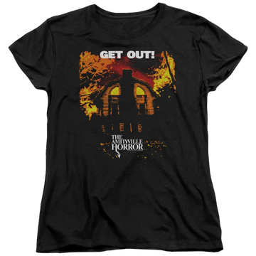 Black women's t-shirt with Amityville Horror Get Out graphic