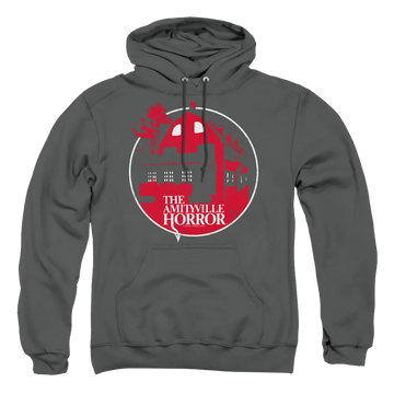 Charcoal pullover hoodie with Amityville Horror Red House graphic