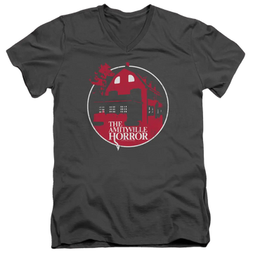 Charcoal men's v-neck t-shirt with Amityville Horror Red House graphic