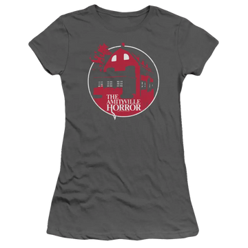 Charcoal juniors t-shirt with Amityville Horror Red House graphic
