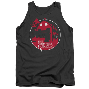 Charcoal men's tank with Amityville Horror Red House graphic